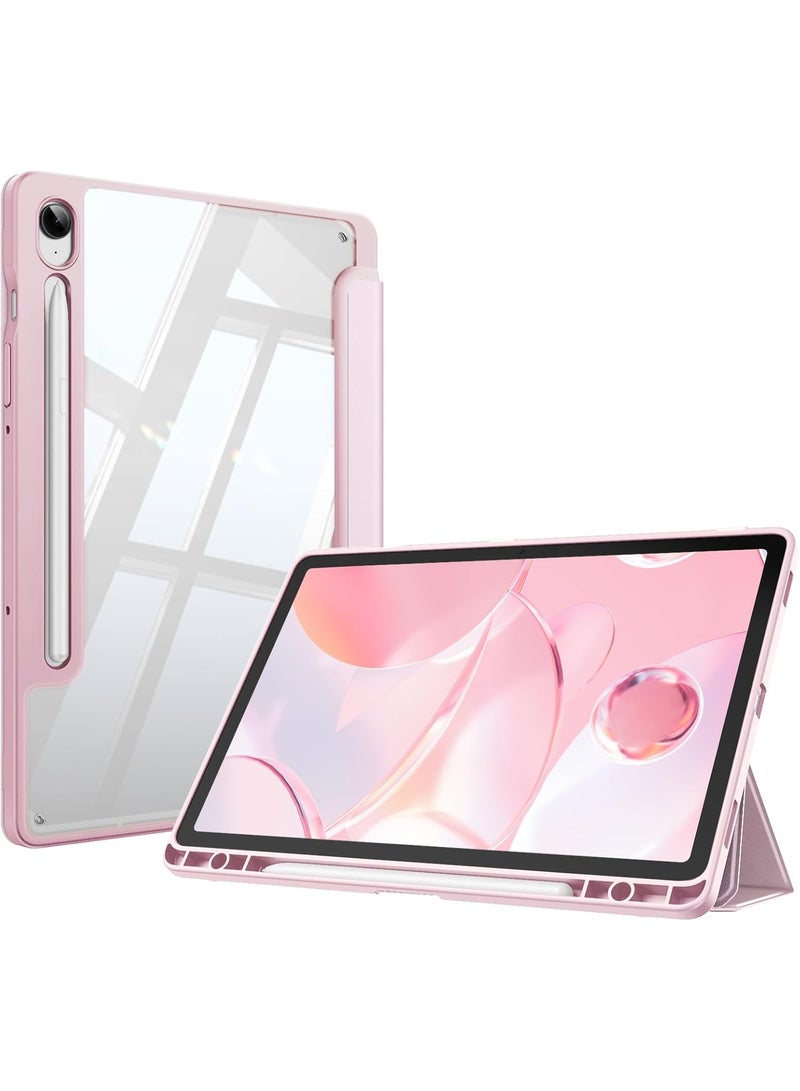 حافظة لجهاز جالكسي تاب S10 Lite/S10 FE/S9 FE/S9، حافظة سامسونج جالكسي تاب S10 Lite/S10 FE/S9، حافظة تابلت بوكاس 10.9 انش، حامل ثلاثي الطيات مع حامل قلم، غطاء خلفي شفاف مرن للنوم التلقائي وردى - Image 1